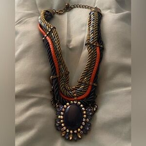 Vintage 18” Necklace Multi Rope Chain Large Pendant Blue Stone rhinestones